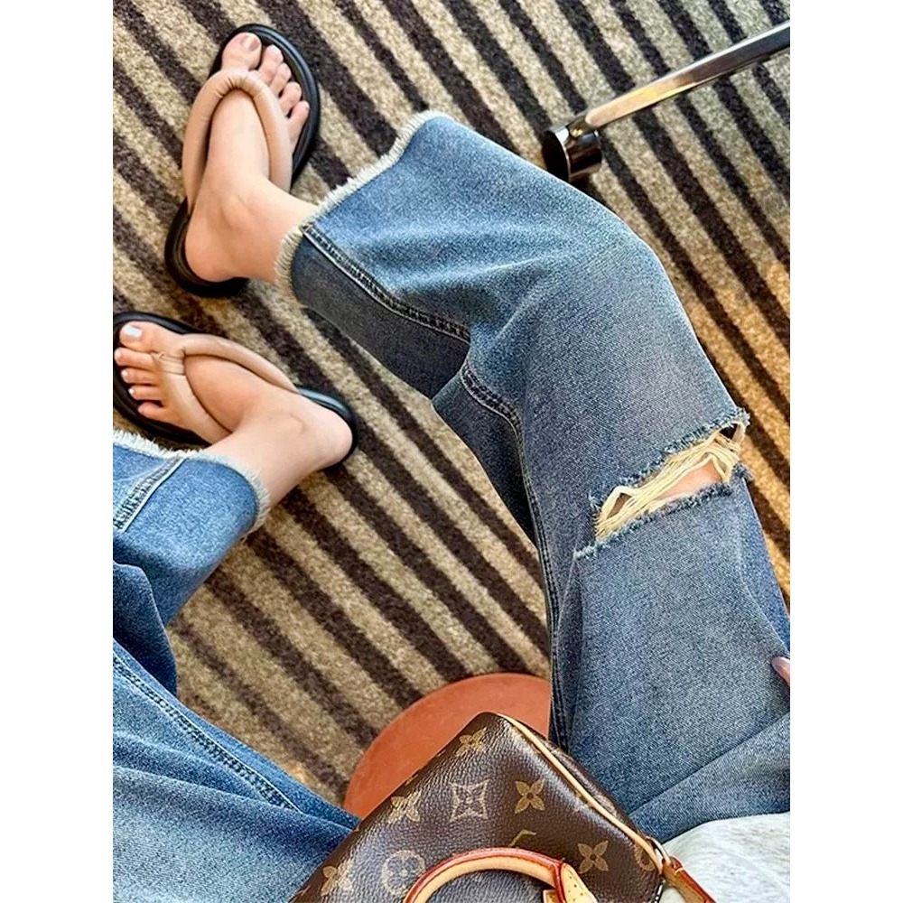 四季。百搭必敗款 梨型身材超友好 寬鬆顯瘦下擺毛邊高腰破洞水洗牛仔九分直筒褲闊腿褲(S-5XL)-Euphoria St-細節圖8