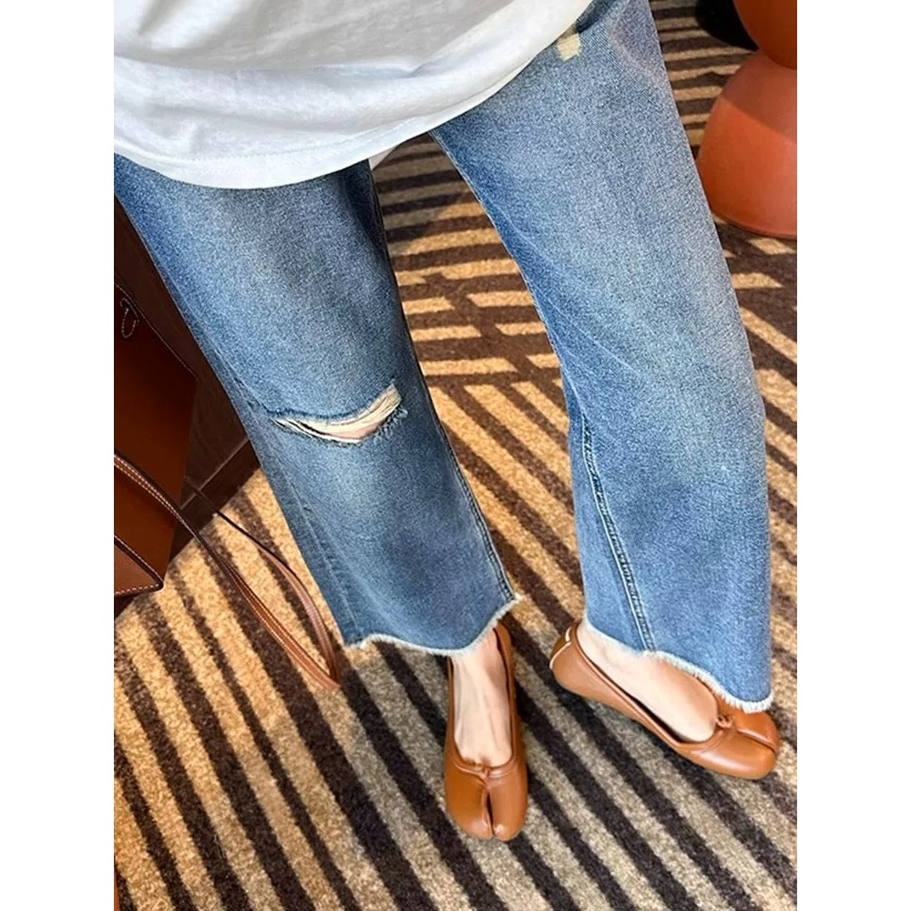 四季。百搭必敗款 梨型身材超友好 寬鬆顯瘦下擺毛邊高腰破洞水洗牛仔九分直筒褲闊腿褲(S-5XL)-Euphoria St-細節圖9