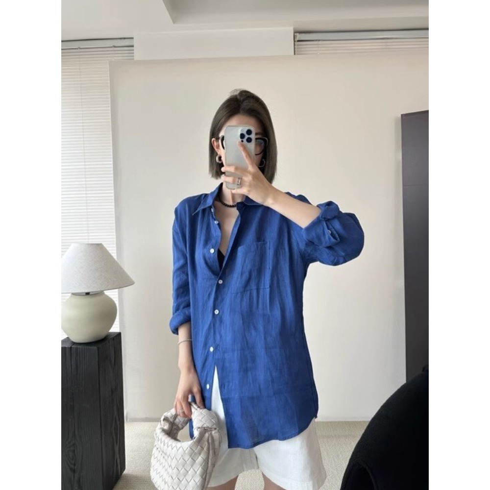 四季。基礎百搭款 慵懶休閒隨意 純色翻領寬鬆薄款長袖襯衫上衣防曬外套-Euphoria Store-細節圖4