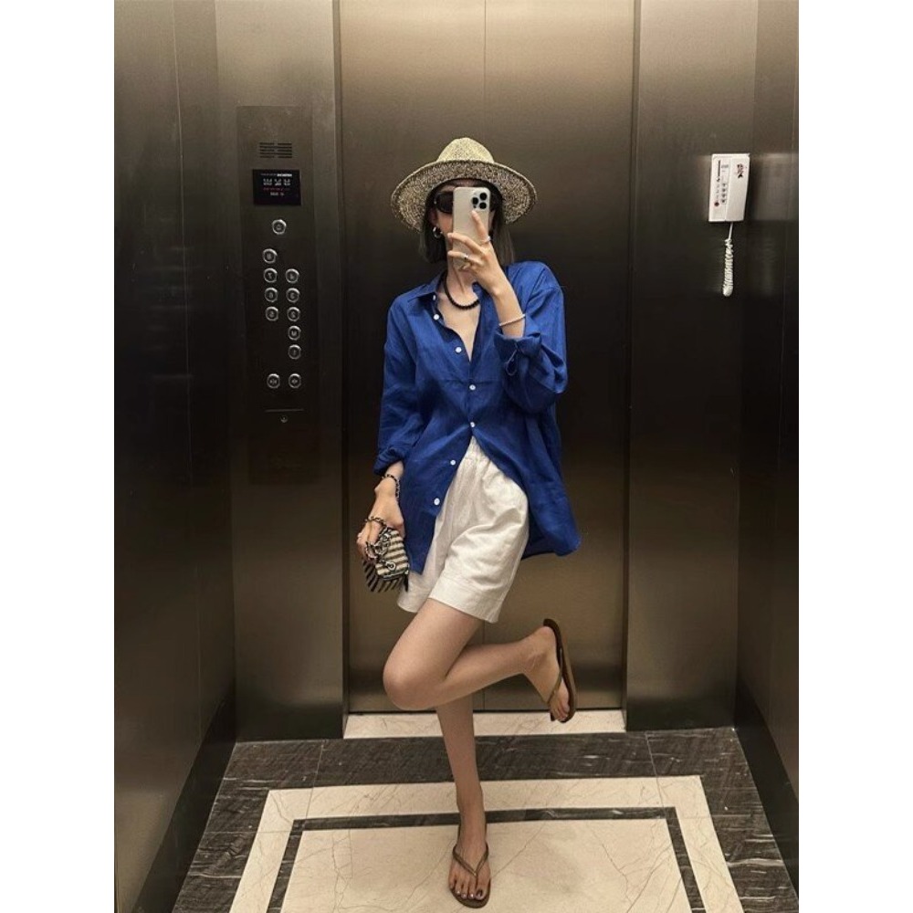 四季。基礎百搭款 慵懶休閒隨意 純色翻領寬鬆薄款長袖襯衫上衣防曬外套-Euphoria Store-細節圖5