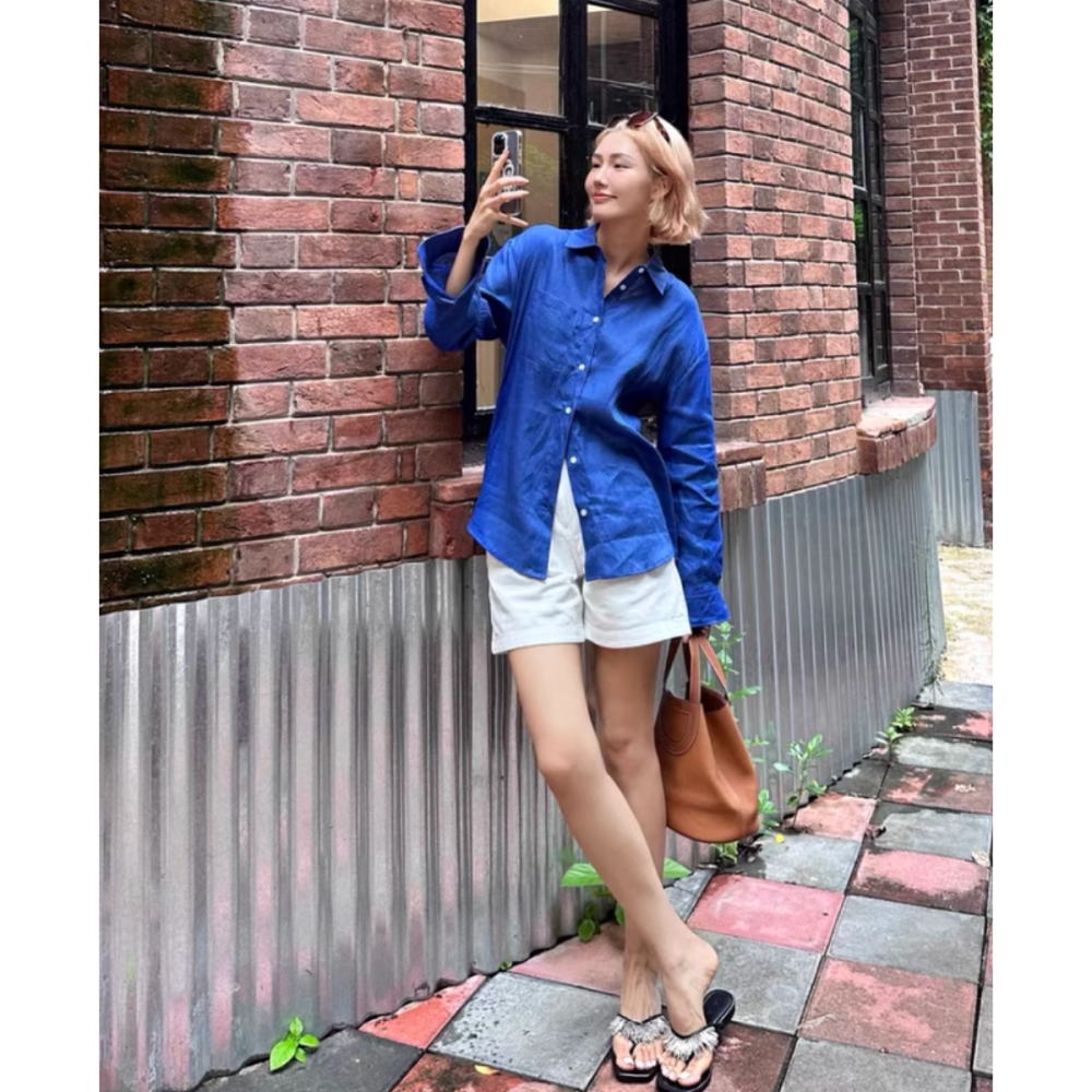 四季。基礎百搭款 慵懶休閒隨意 純色翻領寬鬆薄款長袖襯衫上衣防曬外套-Euphoria Store-細節圖6