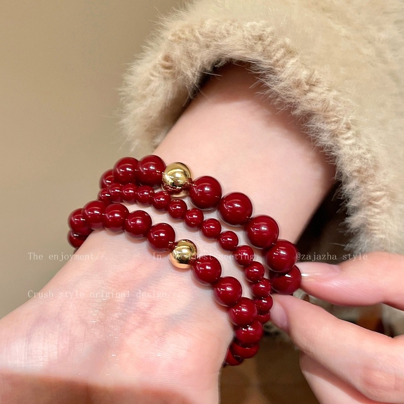 原創手作。小眾設計簡約高貴氣質 顯手白 安可拉紅貝珠vs小金珠單帶疊帶閨蜜手鍊-Euphoria Store-細節圖7