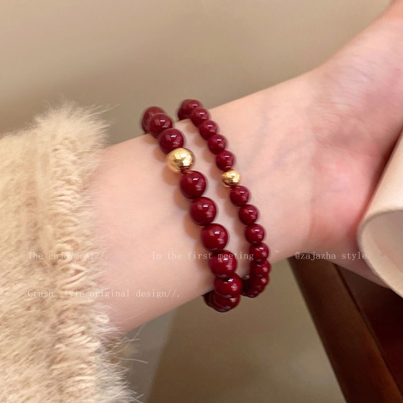 原創手作。小眾設計簡約高貴氣質 顯手白 安可拉紅貝珠vs小金珠單帶疊帶閨蜜手鍊-Euphoria Store-規格圖9