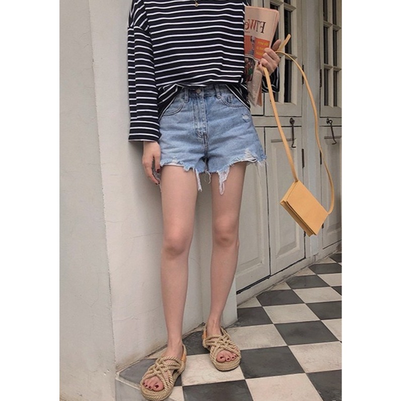 夏。基礎百搭款 下擺撕裂破洞流蘇不規則顯瘦 高腰A字水洗牛仔短褲熱褲-Euphoria Store-細節圖2