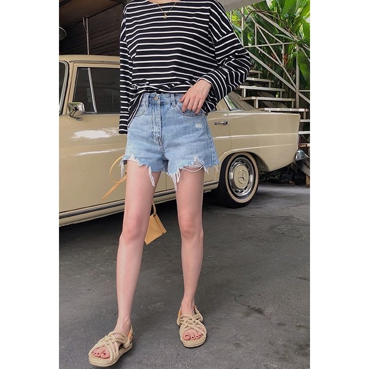 夏。基礎百搭款 下擺撕裂破洞流蘇不規則顯瘦 高腰A字水洗牛仔短褲熱褲-Euphoria Store-細節圖3