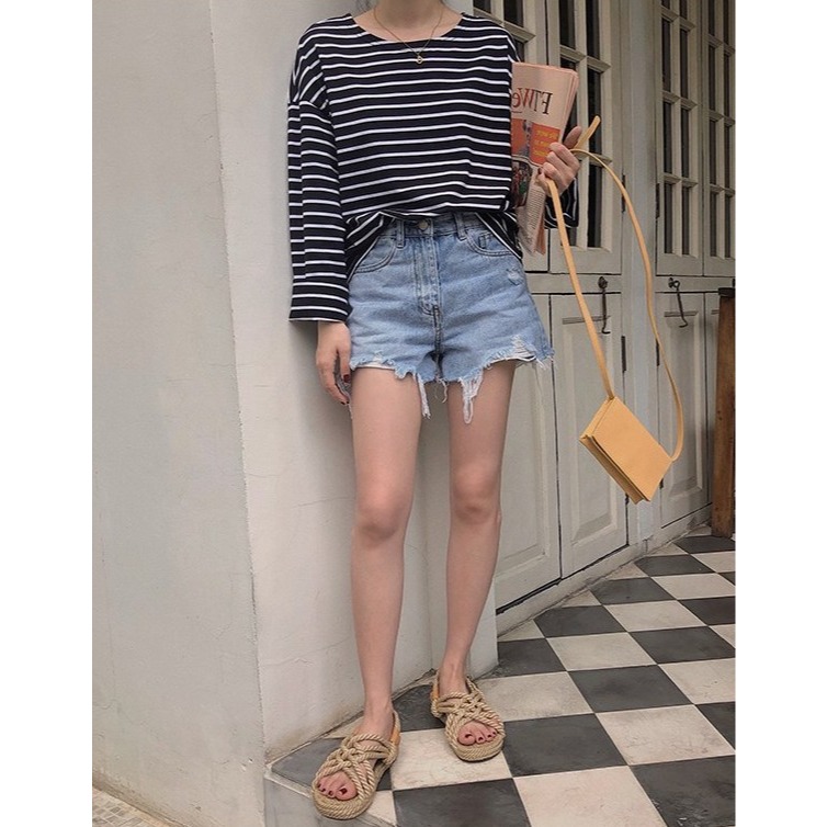 夏。基礎百搭款 下擺撕裂破洞流蘇不規則顯瘦 高腰A字水洗牛仔短褲熱褲-Euphoria Store-細節圖6