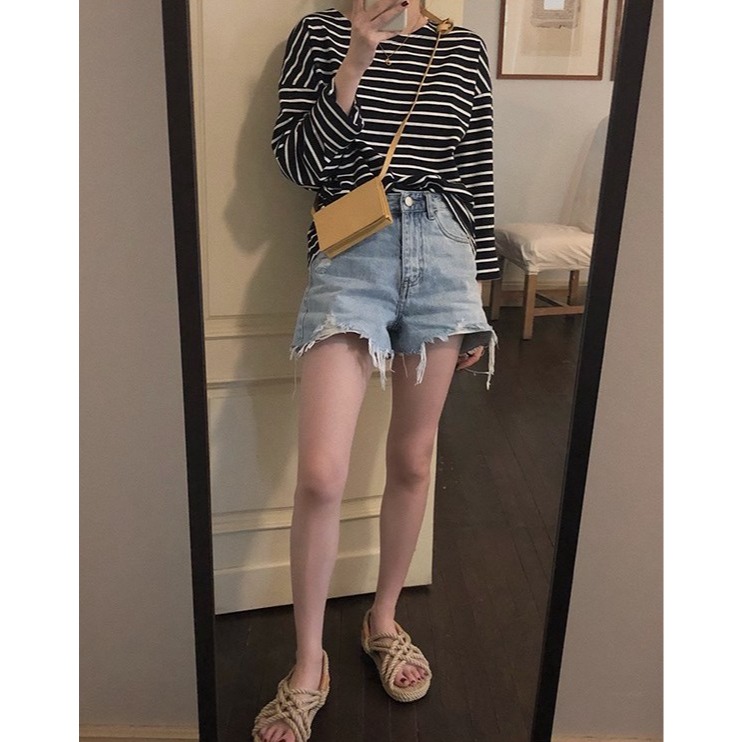 夏。基礎百搭款 下擺撕裂破洞流蘇不規則顯瘦 高腰A字水洗牛仔短褲熱褲-Euphoria Store-細節圖7