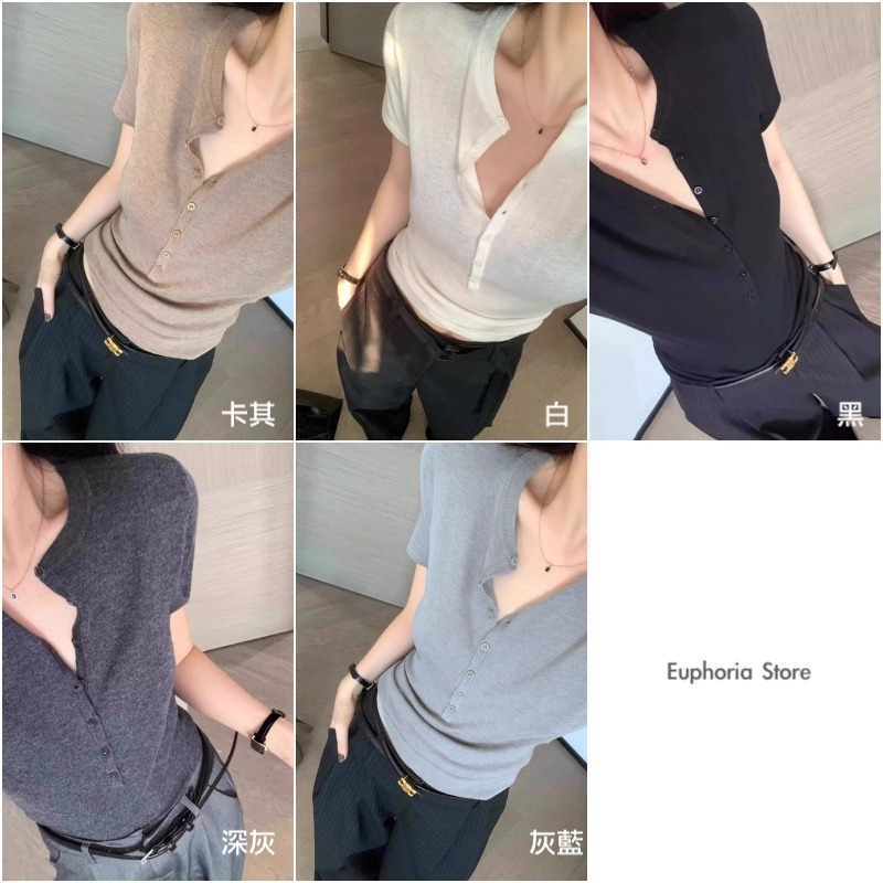 夏。極簡簡約知性氣質 百穿不膩 純色小圓領單排扣短袖冰絲針織上衣-Euphoria Store-細節圖8