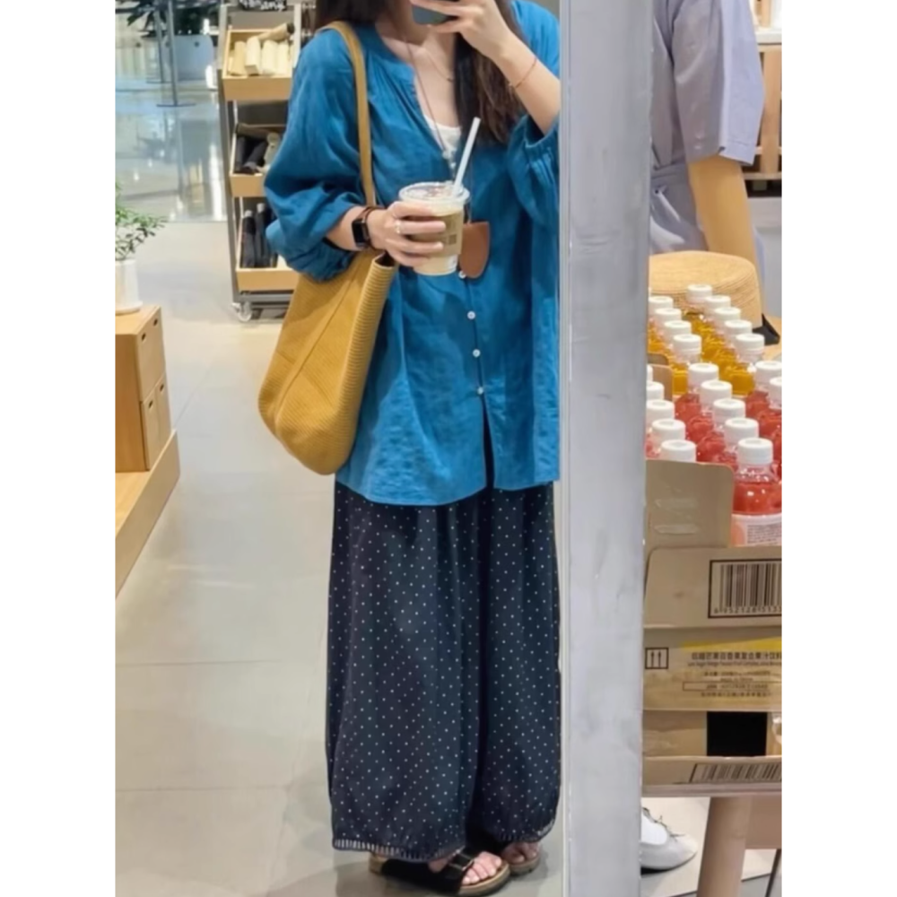 夏。慵懶隨意 透氣不悶 鬆緊腰高腰遮胯 下擺重工花邊藏藍色波點闊腿褲九分褲燈籠褲-Euphoria Store-細節圖2