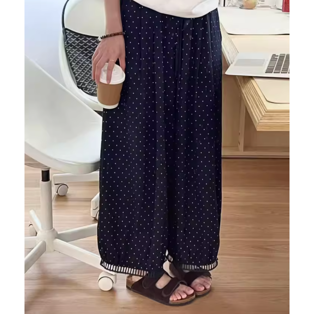夏。慵懶隨意 透氣不悶 鬆緊腰高腰遮胯 下擺重工花邊藏藍色波點闊腿褲九分褲燈籠褲-Euphoria Store-細節圖5