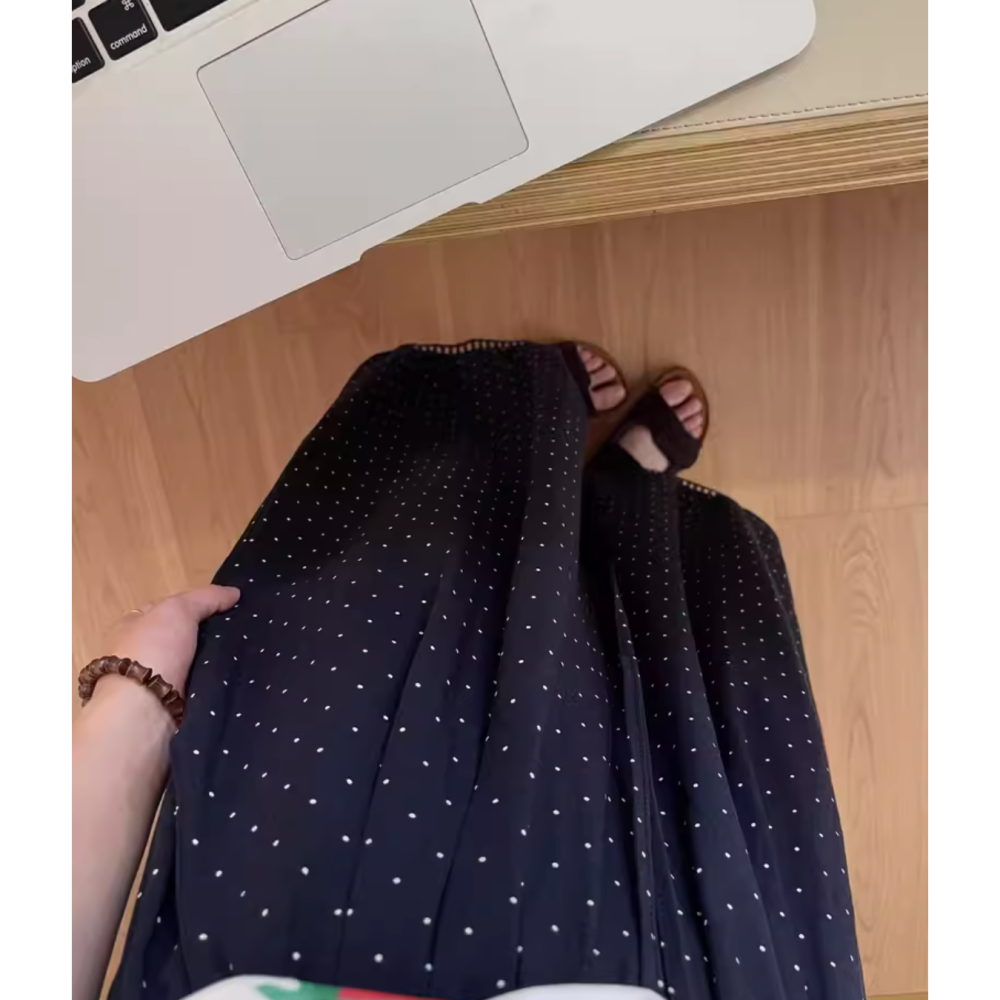 夏。慵懶隨意 透氣不悶 鬆緊腰高腰遮胯 下擺重工花邊藏藍色波點闊腿褲九分褲燈籠褲-Euphoria Store-細節圖8