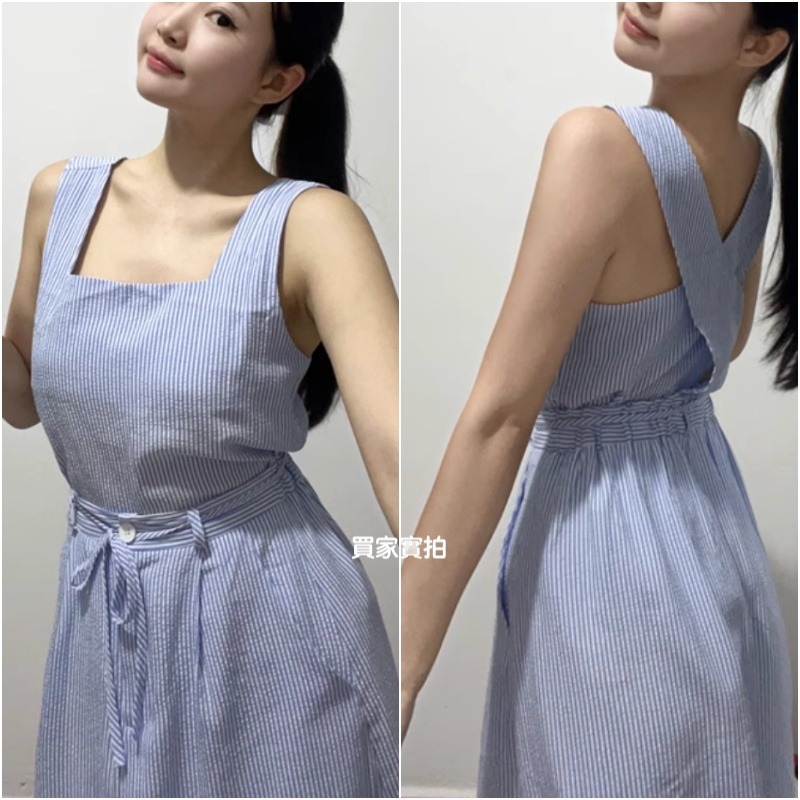 夏，韓系chic清新帶點小心機 撞色條紋露背後交叉 方領無袖背心上衣+高腰A字繫帶半身裙套裝組-Euphoria Sto-細節圖9