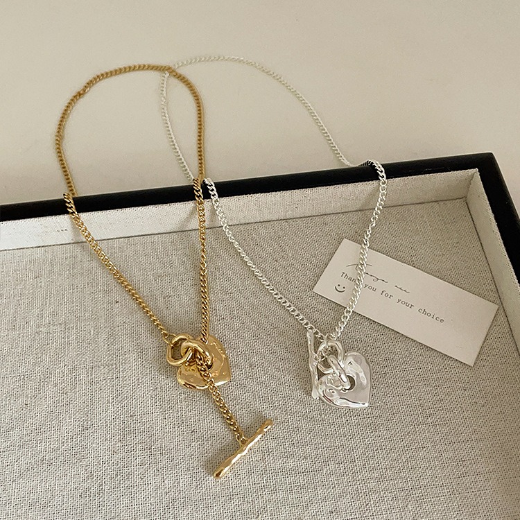 夏。韓國小眾設計 簡約個性百搭 手捏感不規則金屬愛心OT扣項鍊鎖骨鍊-Euphoria Store-細節圖2