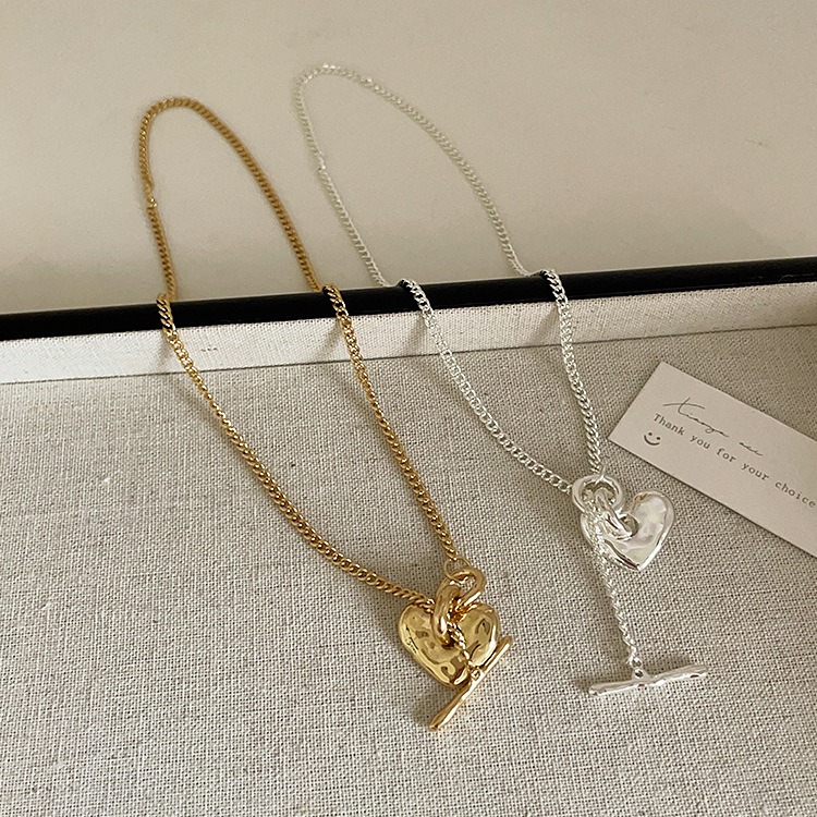 夏。韓國小眾設計 簡約個性百搭 手捏感不規則金屬愛心OT扣項鍊鎖骨鍊-Euphoria Store-細節圖3
