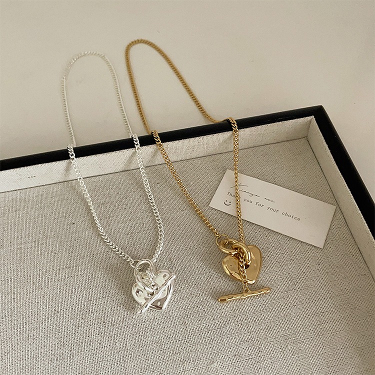 夏。韓國小眾設計 簡約個性百搭 手捏感不規則金屬愛心OT扣項鍊鎖骨鍊-Euphoria Store-細節圖5