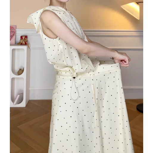 夏。懶人穿搭 簡約小清新 水玉點下擺可縮無袖連帽背心上衣+高腰鬆緊腰A字長裙套裝組-Euphoria Store-細節圖5