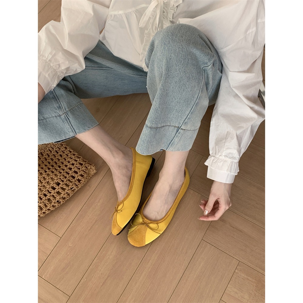 四季。韓版復古甜美氣質滿滿 緞面拼接麂皮絨 蝴蝶結圓頭平底奶奶鞋芭蕾舞鞋-Euphoria Store-細節圖2