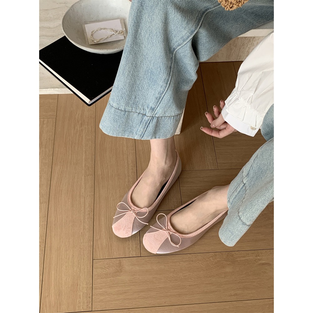四季。韓版復古甜美氣質滿滿 緞面拼接麂皮絨 蝴蝶結圓頭平底奶奶鞋芭蕾舞鞋-Euphoria Store-細節圖3