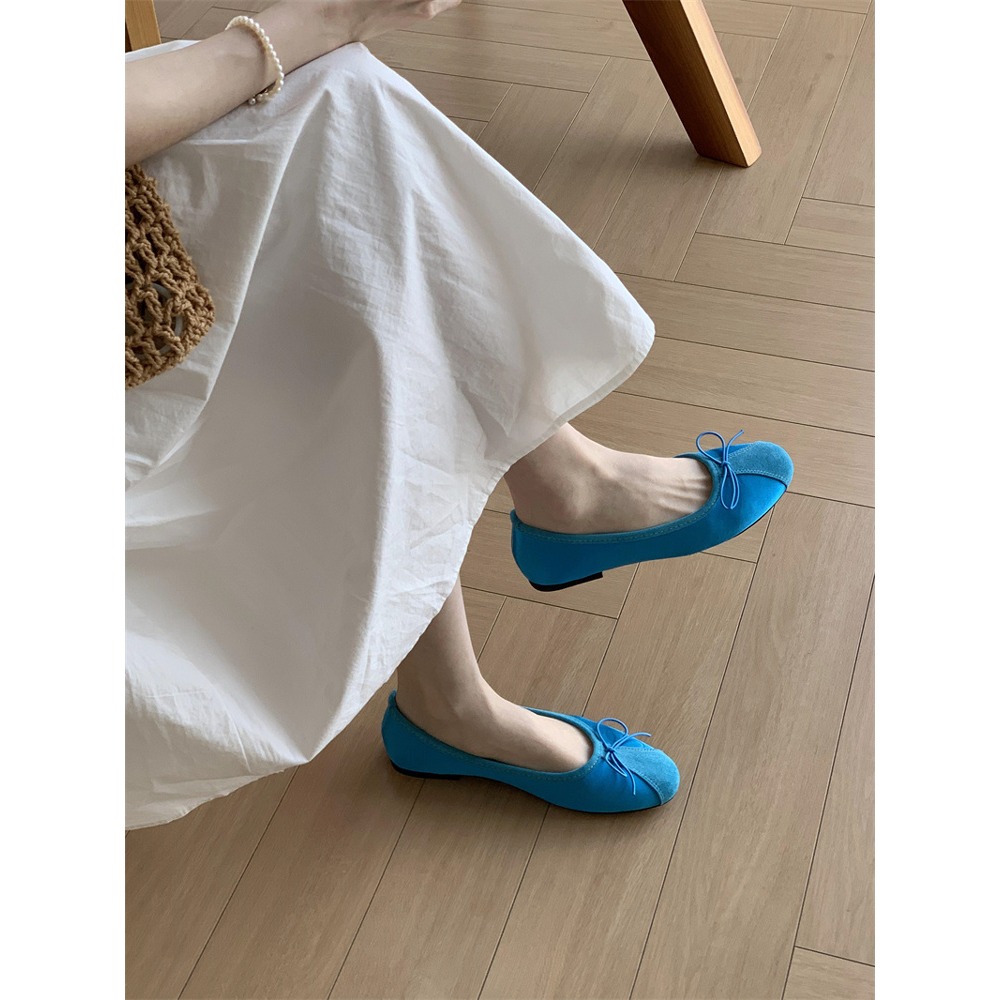 四季。韓版復古甜美氣質滿滿 緞面拼接麂皮絨 蝴蝶結圓頭平底奶奶鞋芭蕾舞鞋-Euphoria Store-細節圖4