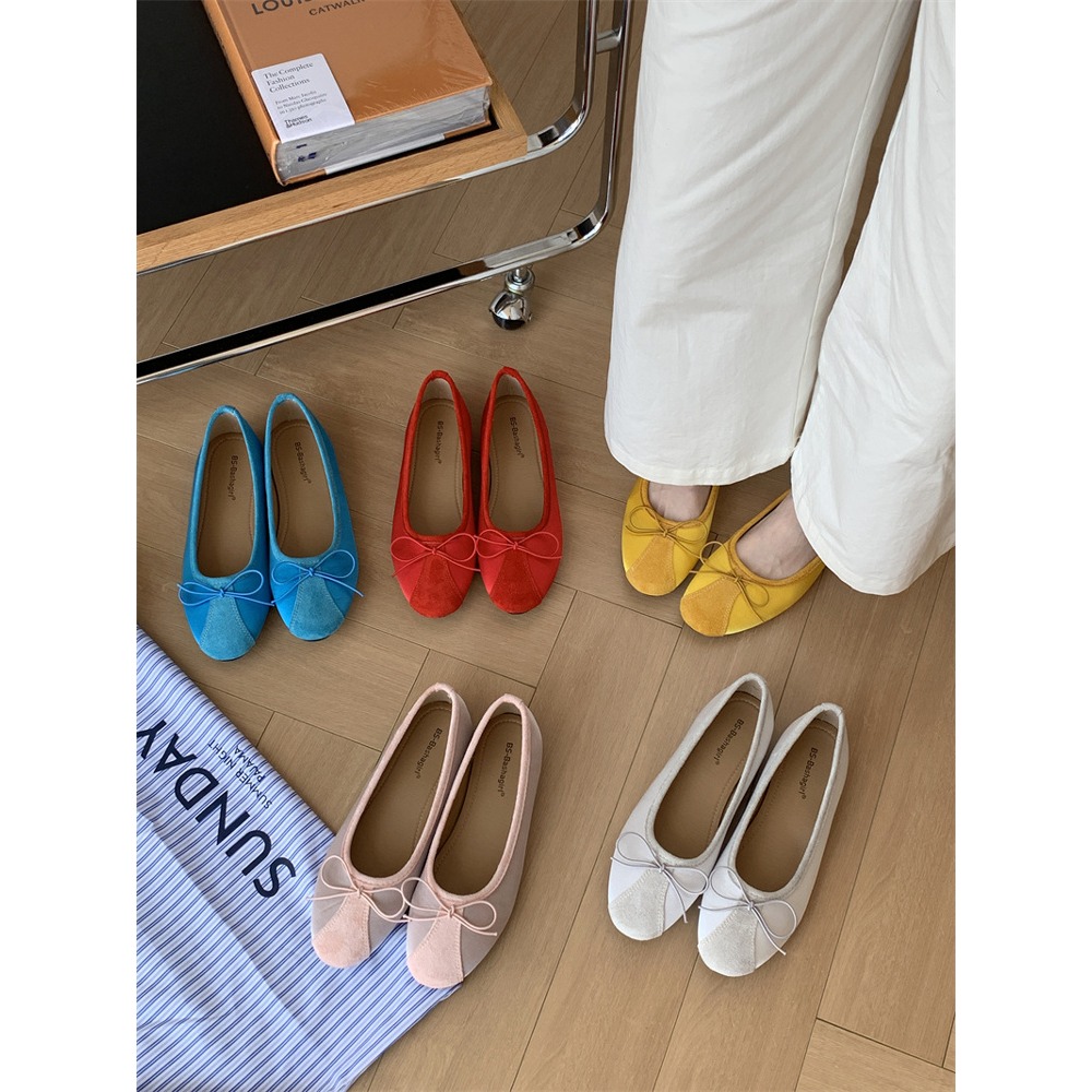 四季。韓版復古甜美氣質滿滿 緞面拼接麂皮絨 蝴蝶結圓頭平底奶奶鞋芭蕾舞鞋-Euphoria Store-細節圖6