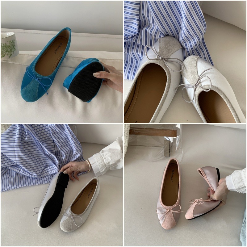 四季。韓版復古甜美氣質滿滿 緞面拼接麂皮絨 蝴蝶結圓頭平底奶奶鞋芭蕾舞鞋-Euphoria Store-細節圖7