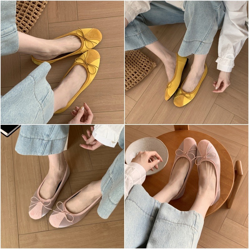 四季。韓版復古甜美氣質滿滿 緞面拼接麂皮絨 蝴蝶結圓頭平底奶奶鞋芭蕾舞鞋-Euphoria Store-細節圖8