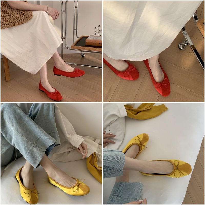 四季。韓版復古甜美氣質滿滿 緞面拼接麂皮絨 蝴蝶結圓頭平底奶奶鞋芭蕾舞鞋-Euphoria Store-細節圖10