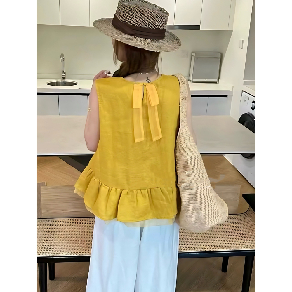 夏。韓chic 氣質溫柔 重工珍珠釘珠設計 下擺荷葉邊拼接薄雪紡 圓領無袖背心娃娃上衣-Euphoria Store-細節圖5