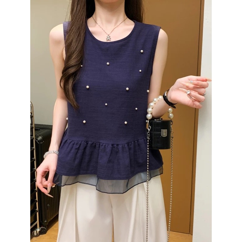 夏。韓chic 氣質溫柔 重工珍珠釘珠設計 下擺荷葉邊拼接薄雪紡 圓領無袖背心娃娃上衣-Euphoria Store-細節圖6