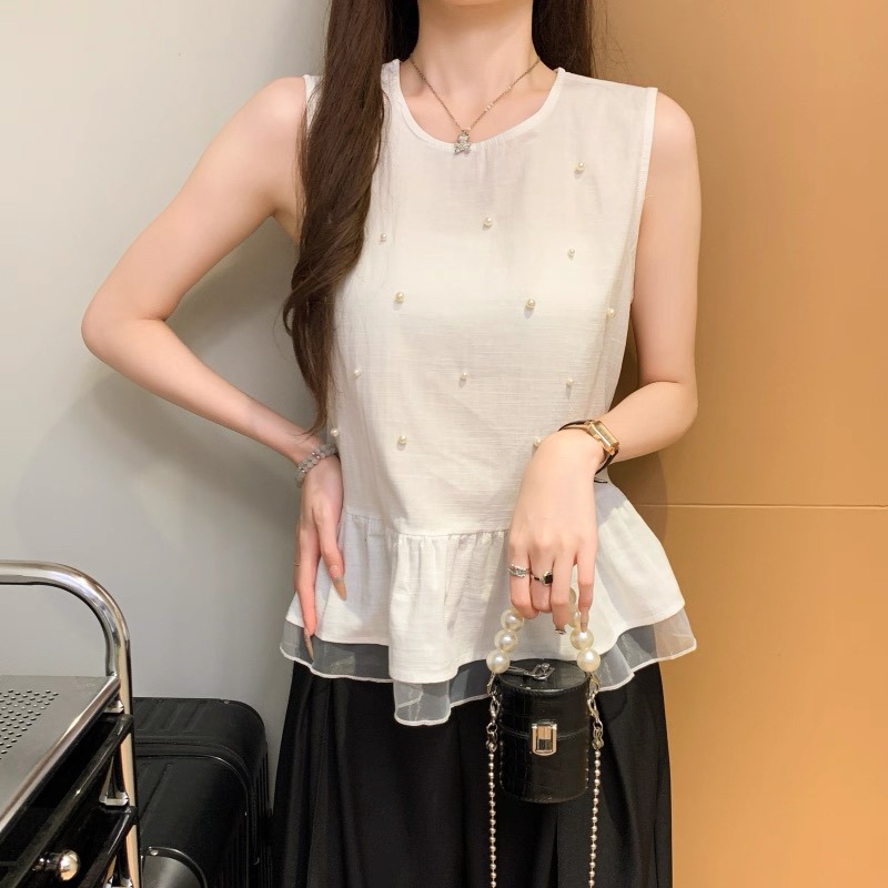 夏。韓chic 氣質溫柔 重工珍珠釘珠設計 下擺荷葉邊拼接薄雪紡 圓領無袖背心娃娃上衣-Euphoria Store-細節圖7