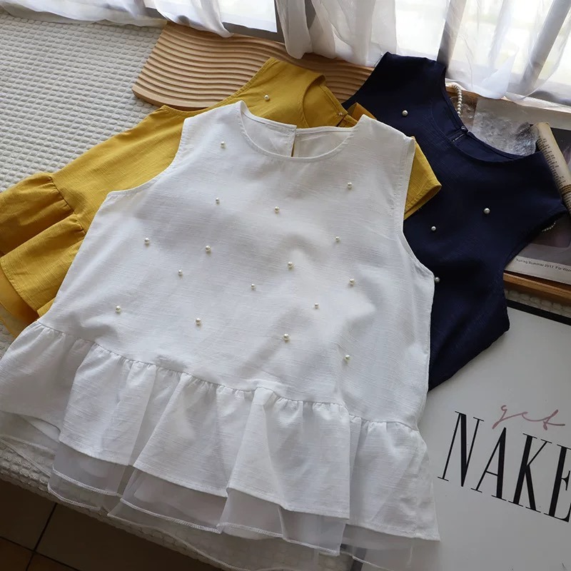 夏。韓chic 氣質溫柔 重工珍珠釘珠設計 下擺荷葉邊拼接薄雪紡 圓領無袖背心娃娃上衣-Euphoria Store-細節圖8