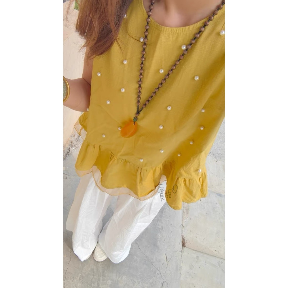 夏。韓chic 氣質溫柔 重工珍珠釘珠設計 下擺荷葉邊拼接薄雪紡 圓領無袖背心娃娃上衣-Euphoria Store-細節圖9
