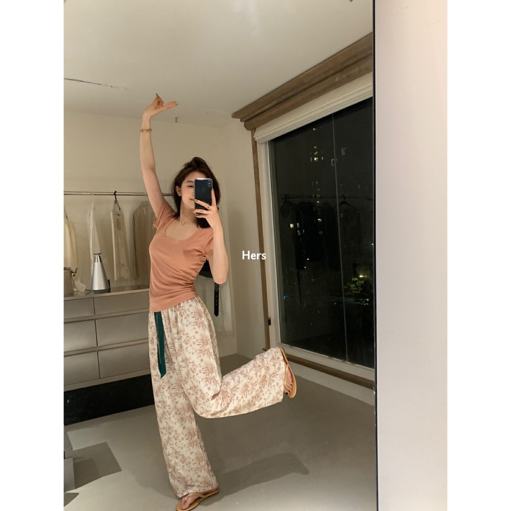 店主私著。韓版🇰🇷Hers慵懶輕薄 可以外穿的高腰鬆緊 花花家居褲長褲睡褲-Euphoria Store-細節圖4