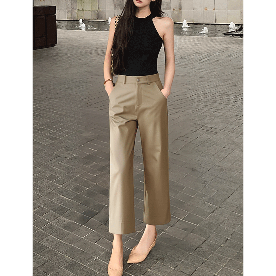四季。簡約百搭基礎款 通勤逛街 修身顯瘦 卡其高腰窄版直筒褲長褲九分西裝褲-Euphoria Store-細節圖2