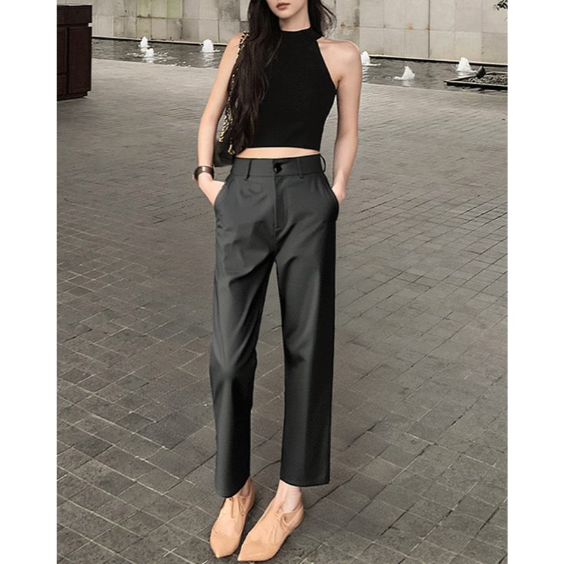 四季。簡約百搭基礎款 通勤逛街 修身顯瘦 卡其高腰窄版直筒褲長褲九分西裝褲-Euphoria Store-細節圖3