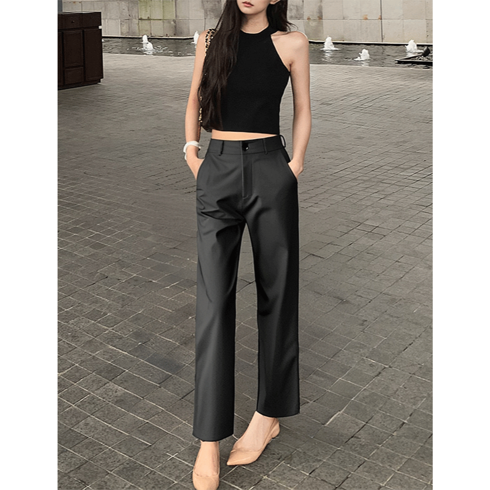 四季。簡約百搭基礎款 通勤逛街 修身顯瘦 卡其高腰窄版直筒褲長褲九分西裝褲-Euphoria Store-細節圖4