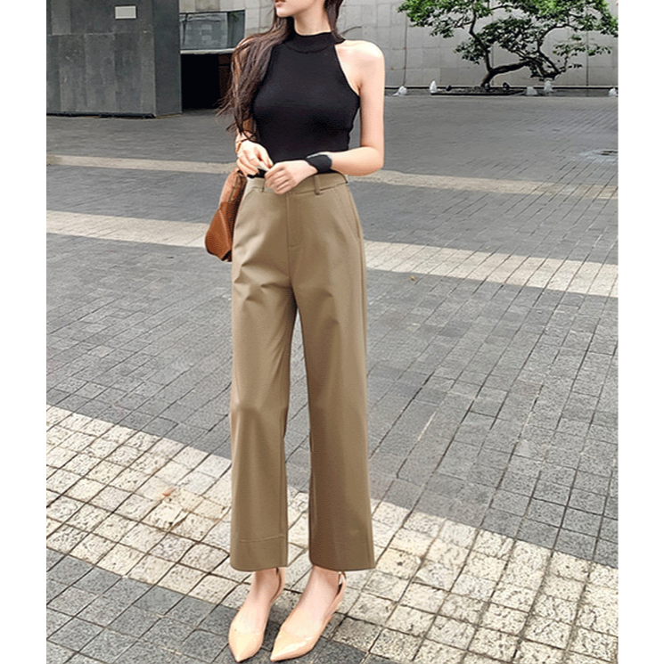 四季。簡約百搭基礎款 通勤逛街 修身顯瘦 卡其高腰窄版直筒褲長褲九分西裝褲-Euphoria Store-細節圖5