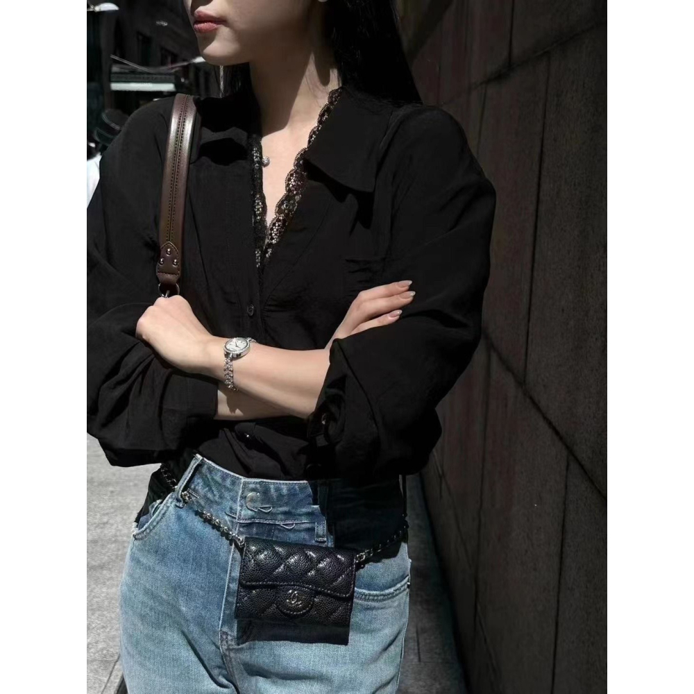 店主私著。帶點小性感 知性氣質 假兩件蕾絲拼接V領翻領長袖襯衫上衣(S-3XL)-Euphoria Store-細節圖2