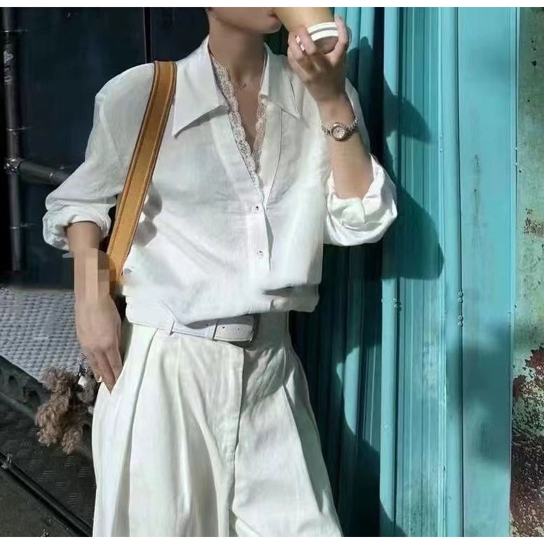 店主私著。帶點小性感 知性氣質 假兩件蕾絲拼接V領翻領長袖襯衫上衣(S-3XL)-Euphoria Store-細節圖4