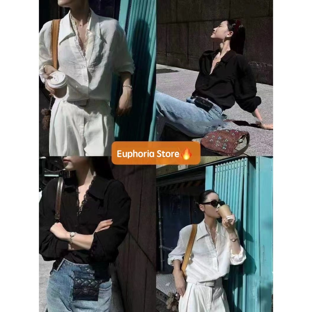 店主私著。帶點小性感 知性氣質 假兩件蕾絲拼接V領翻領長袖襯衫上衣(S-3XL)-Euphoria Store-細節圖5