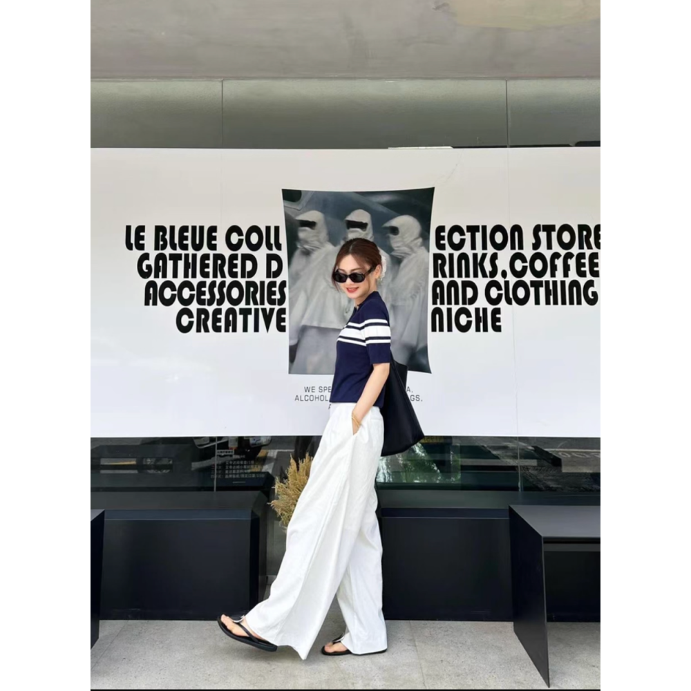 初秋。減齡學院風 美式復古藍白撞色橫條紋 翻領側鈕扣POLO衫細針織短袖上衣(S-2XL)-Euphoria Store-細節圖9