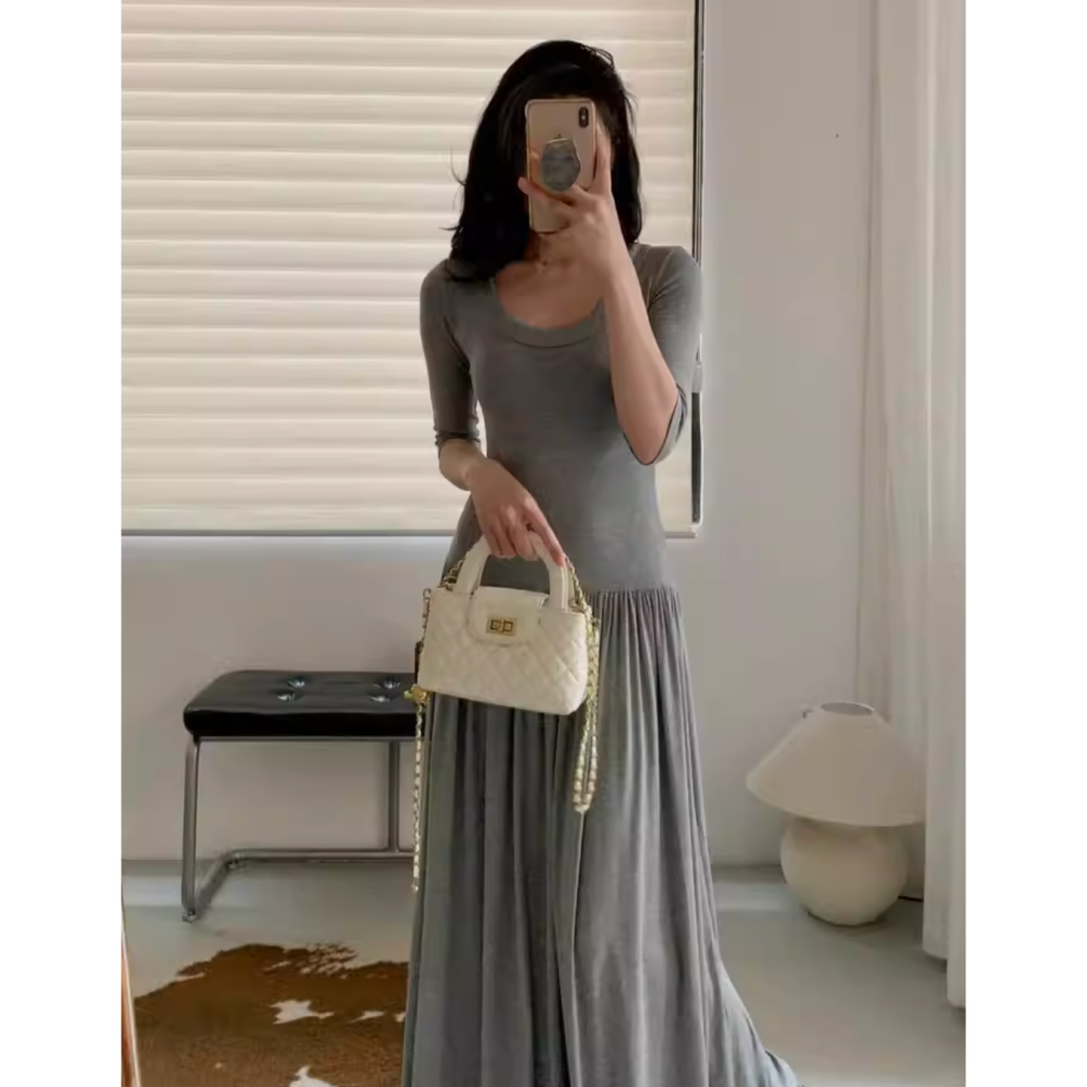 初秋。法式知性氣質 露背鈕扣設計 高腰收腰 修身顯瘦U領五分袖長款連身裙洋裝-Euphoria Store-細節圖5