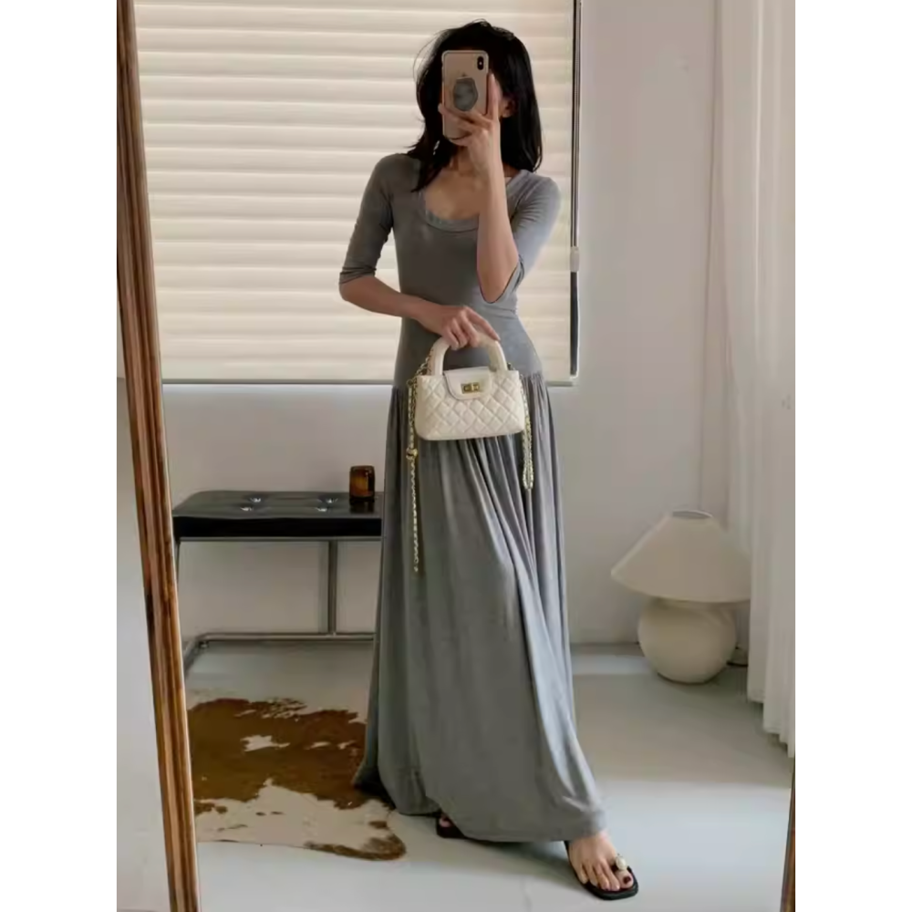 初秋。法式知性氣質 露背鈕扣設計 高腰收腰 修身顯瘦U領五分袖長款連身裙洋裝-Euphoria Store-細節圖6