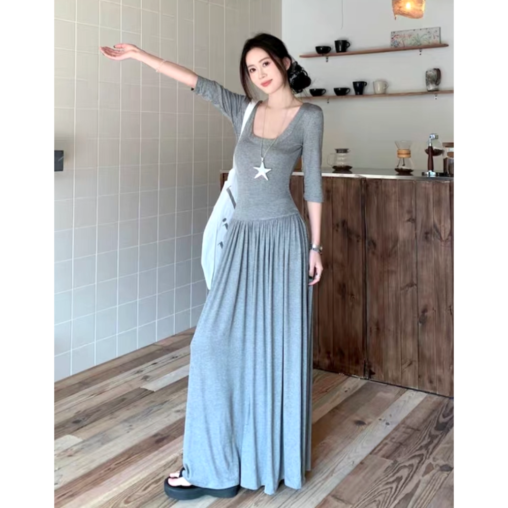 初秋。法式知性氣質 露背鈕扣設計 高腰收腰 修身顯瘦U領五分袖長款連身裙洋裝-Euphoria Store-細節圖7