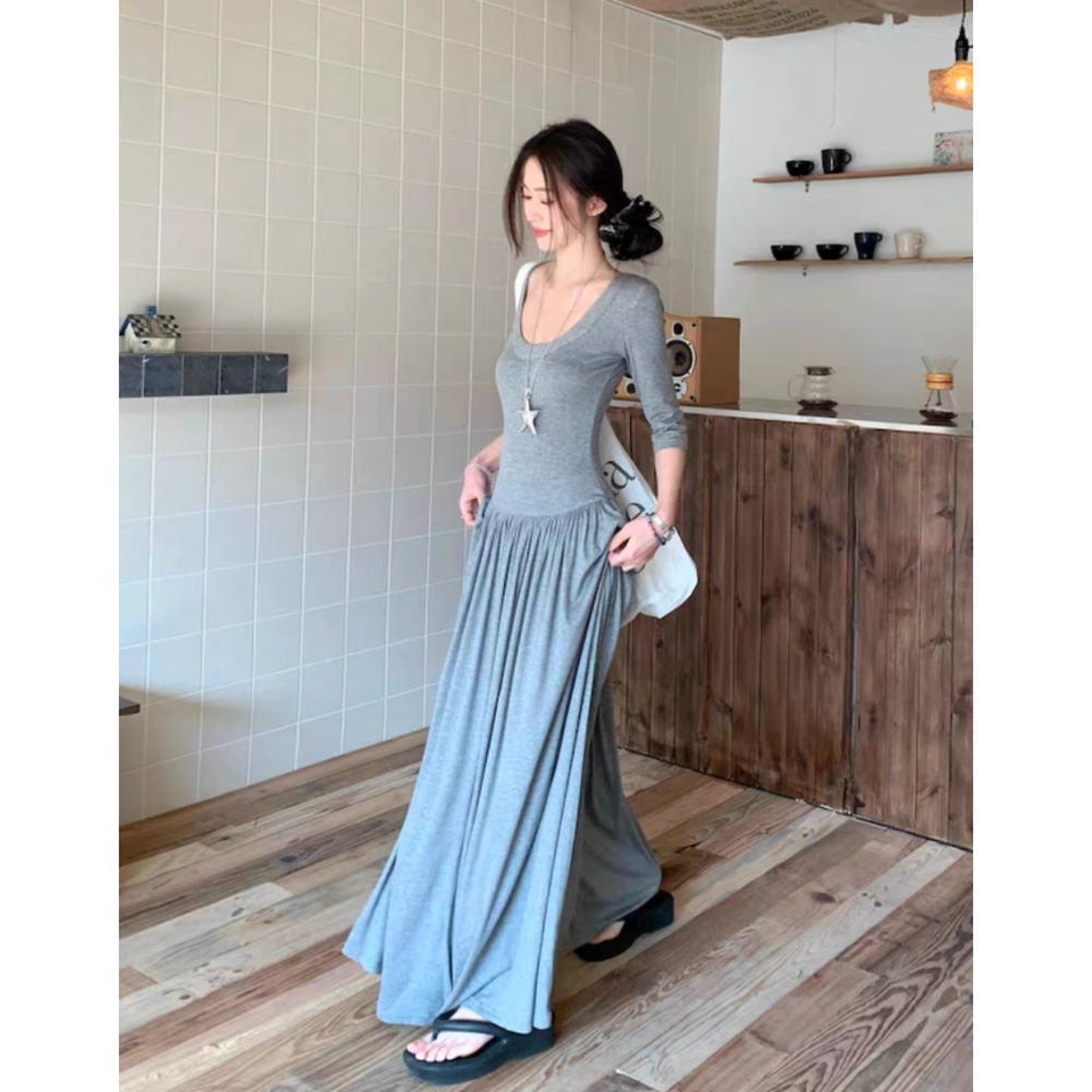 初秋。法式知性氣質 露背鈕扣設計 高腰收腰 修身顯瘦U領五分袖長款連身裙洋裝-Euphoria Store-細節圖8