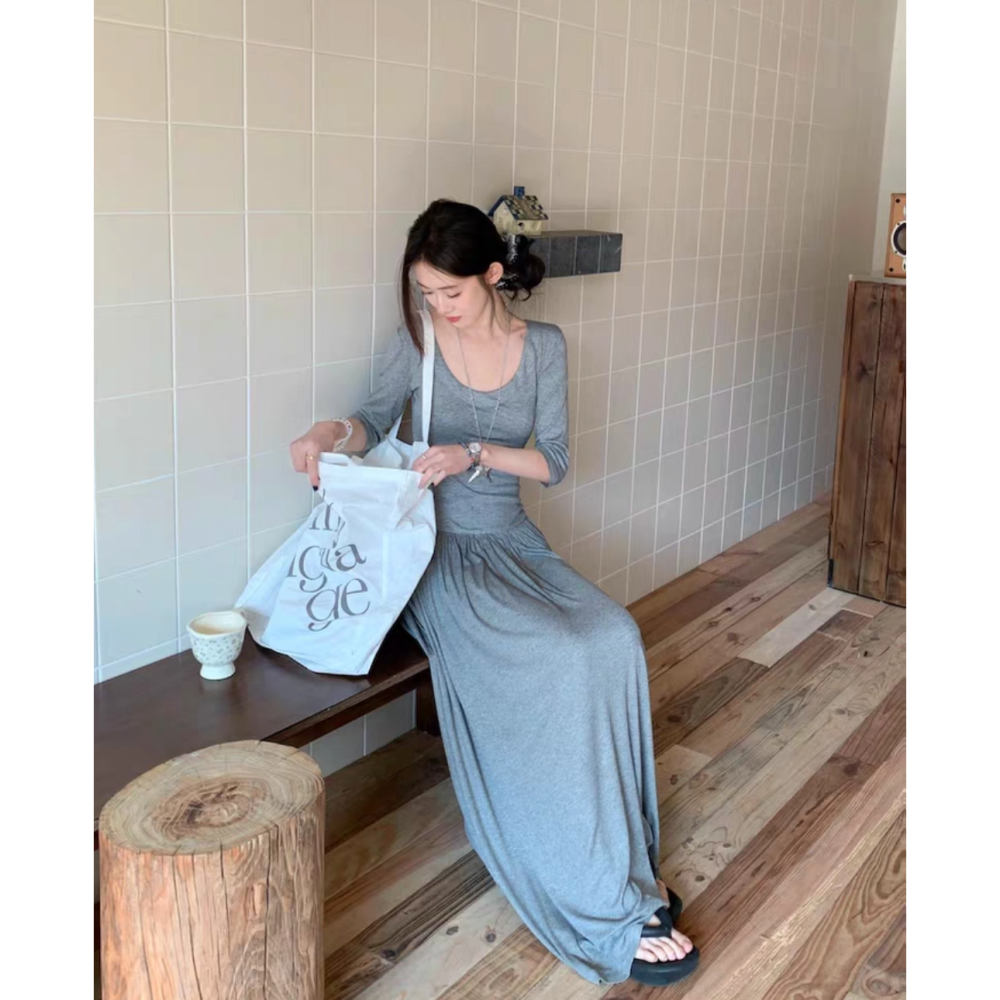 初秋。法式知性氣質 露背鈕扣設計 高腰收腰 修身顯瘦U領五分袖長款連身裙洋裝-Euphoria Store-細節圖9