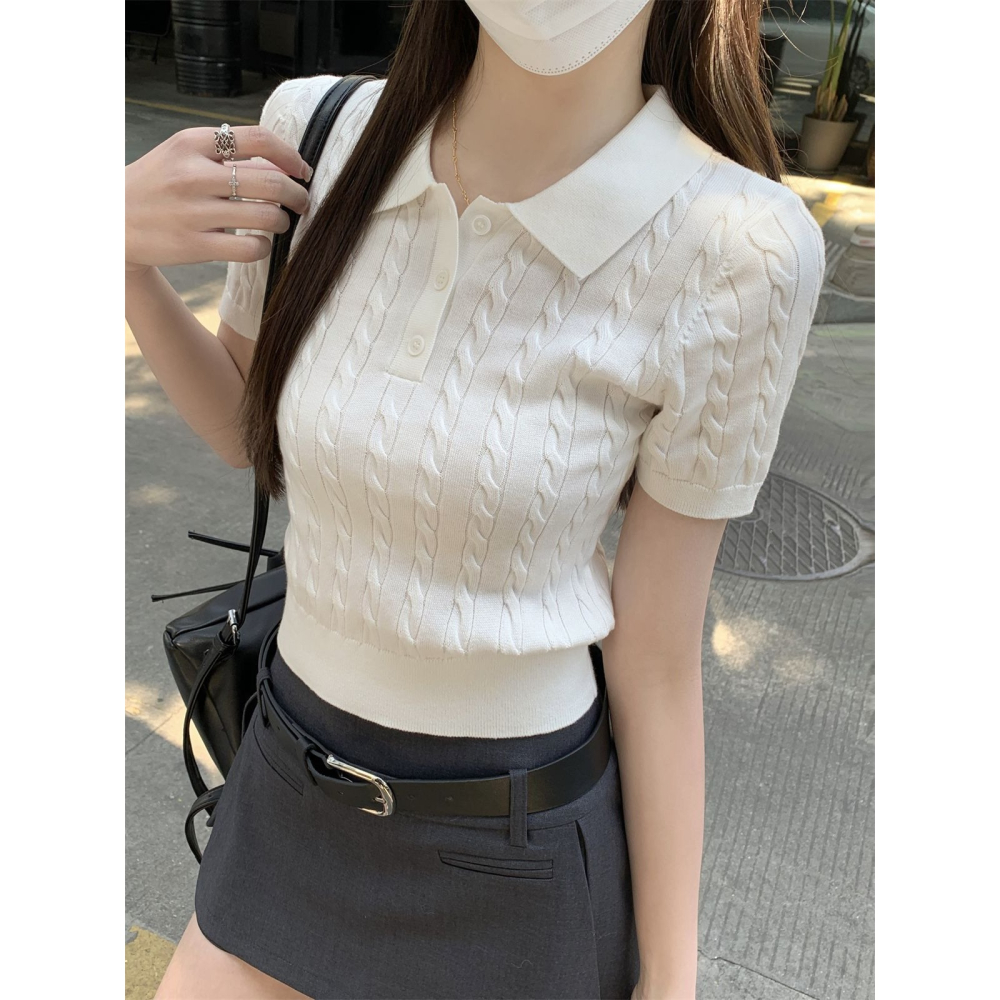 初秋。減齡學院風 麻花螺紋 polo領收腰正肩細針織短款上衣-Euphoria Store-細節圖2