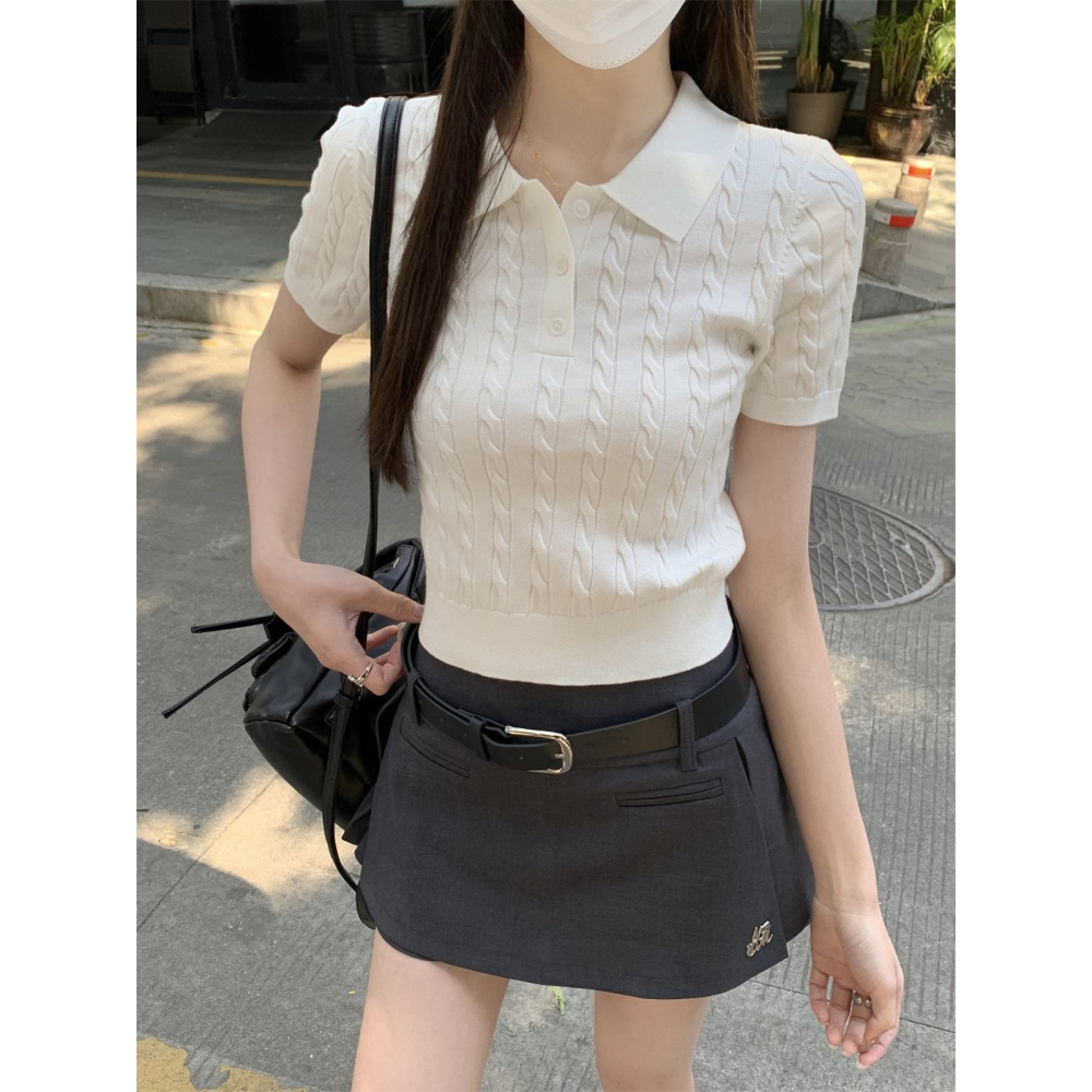 初秋。減齡學院風 麻花螺紋 polo領收腰正肩細針織短款上衣-Euphoria Store-細節圖3