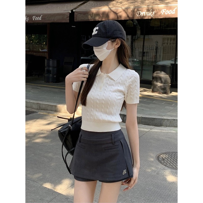 初秋。減齡學院風 麻花螺紋 polo領收腰正肩細針織短款上衣-Euphoria Store-細節圖4