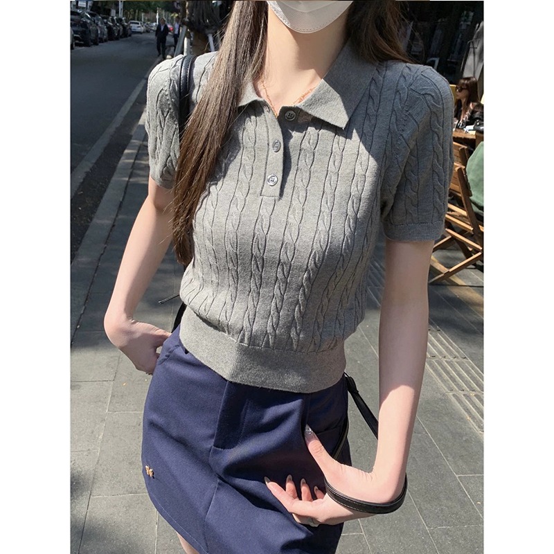 初秋。減齡學院風 麻花螺紋 polo領收腰正肩細針織短款上衣-Euphoria Store-細節圖6